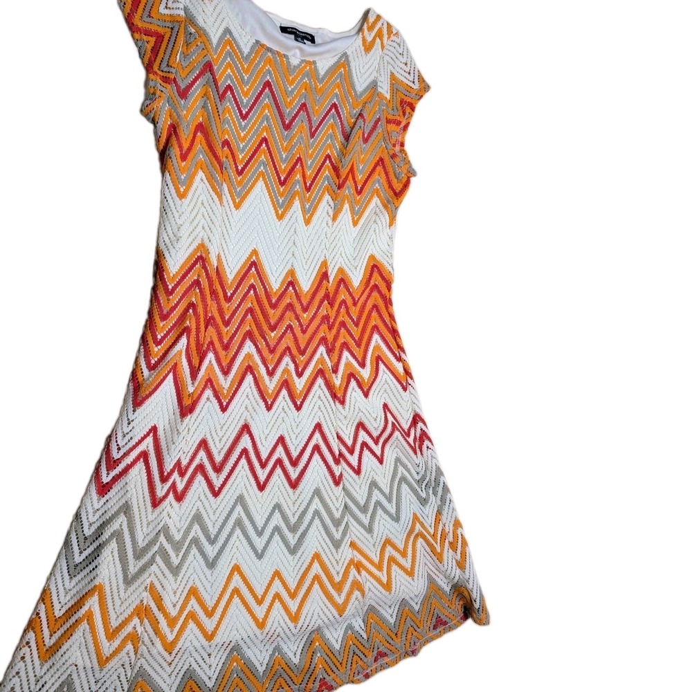 Sharagano Women's Dress Size 14 Crochet Geometric Lined Beige Orange Red